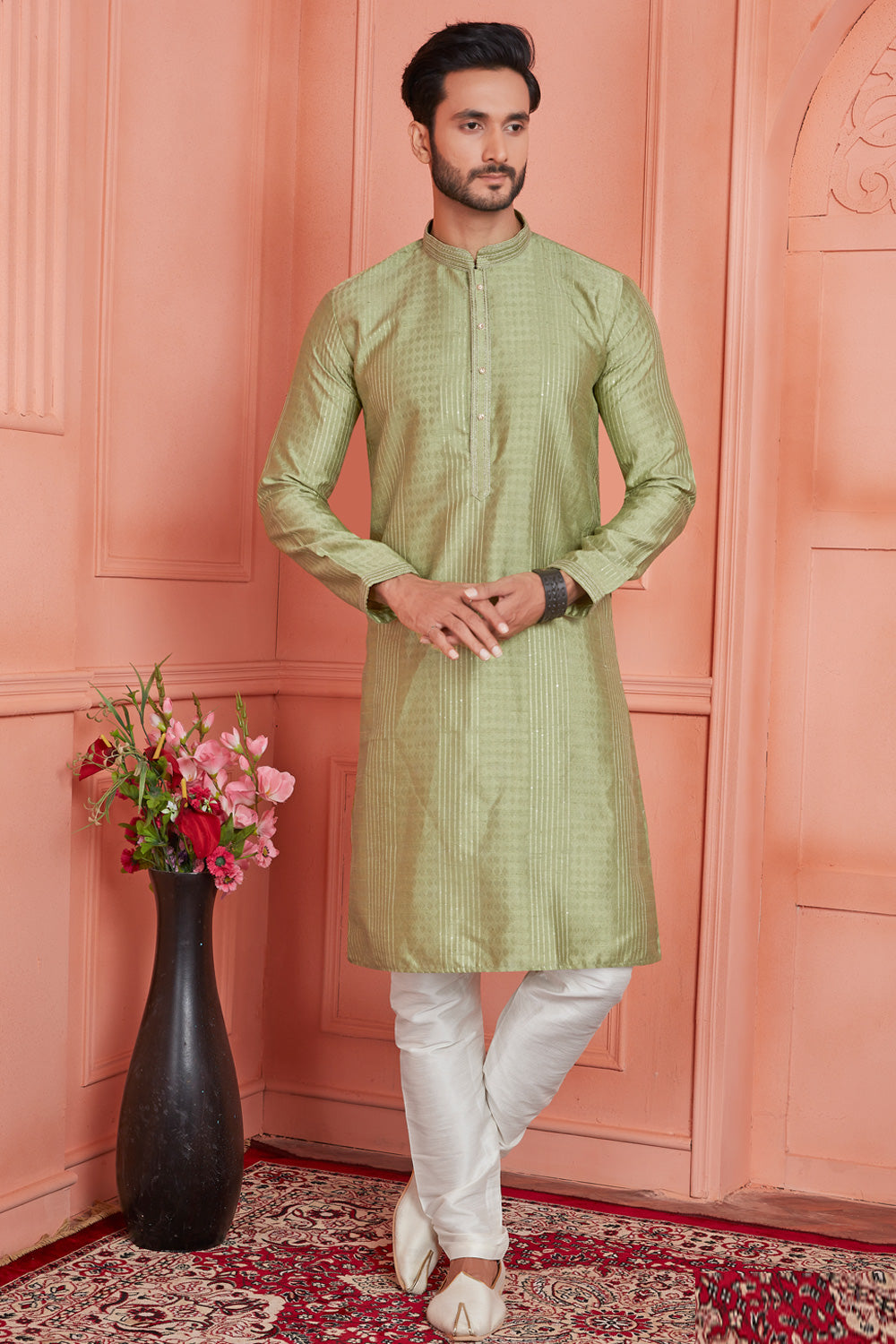 Green Jaquard Silk Brocade Kurta Pajama (NMK-8148) - Nihal Fashions