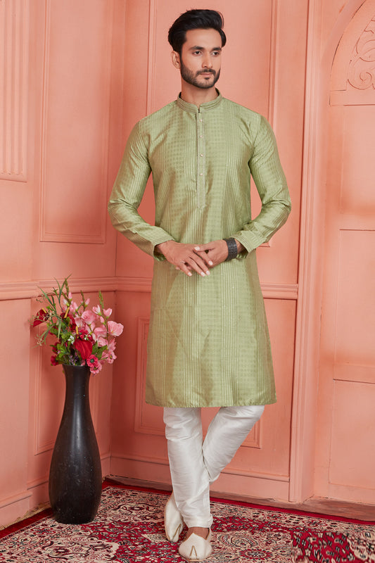 Green Jaquard Silk Brocade Kurta Pajama (NMK-8148) - Nihal Fashions