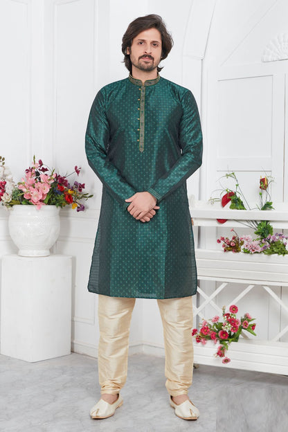 Green Jaquard Silk Brocade Kurtas for Men (NMK-7744) - Nihal Fashions