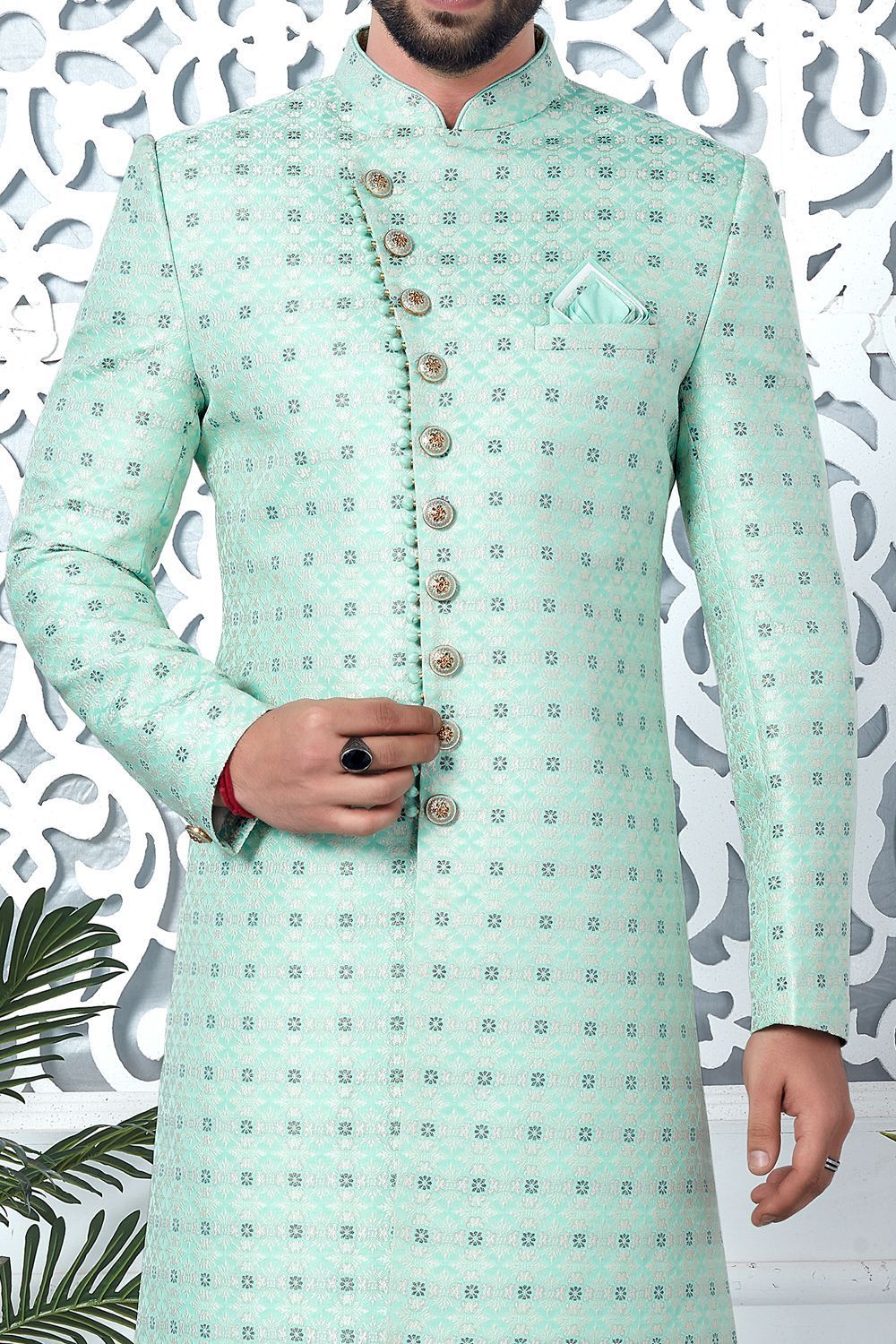 Green Jaquard Silk Indo Western for Men (NMK-7190) - Nihal Fashions