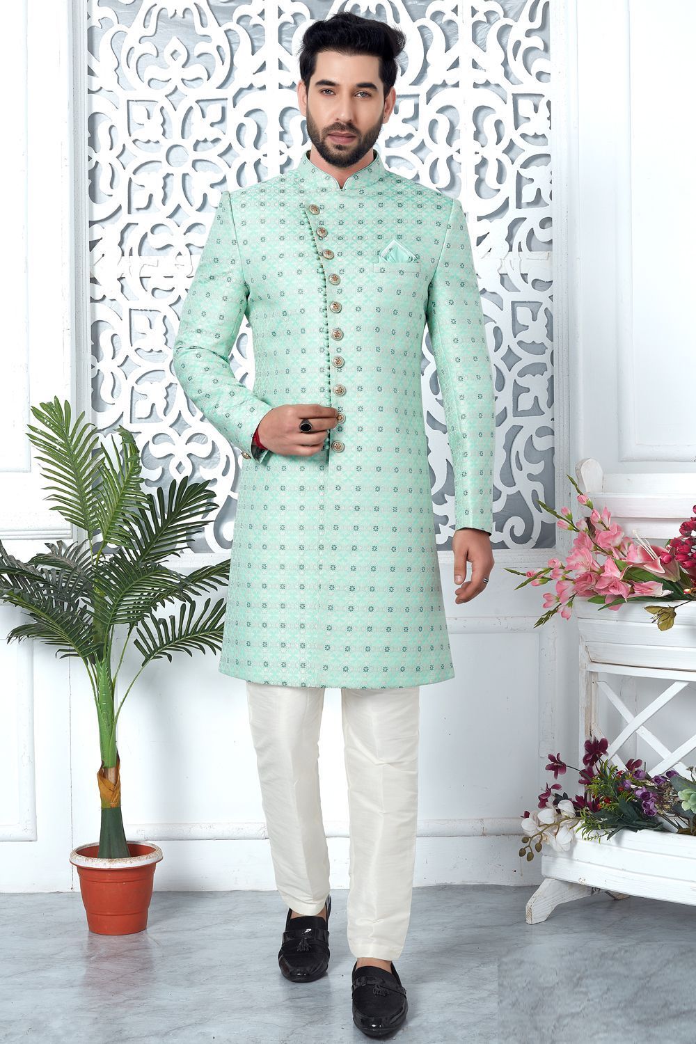 Green Jaquard Silk Indo Western for Men (NMK-7190) - Nihal Fashions