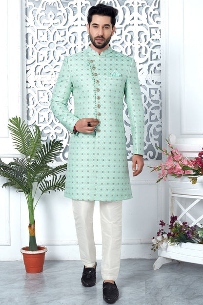 Green Jaquard Silk Indo Western for Men (NMK-7190) - Nihal Fashions