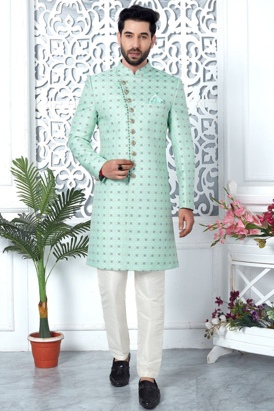Green Jaquard Silk Indo Western for Men (NMK-7190) - Nihal Fashions