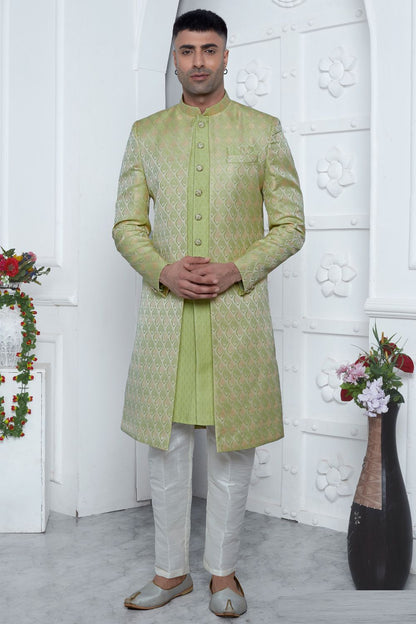 Green Jaquard Silk Indo Western (NMK-7171) - Nihal Fashions