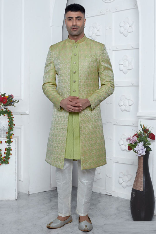 Green Jaquard Silk Indo Western (NMK-7171) - Nihal Fashions