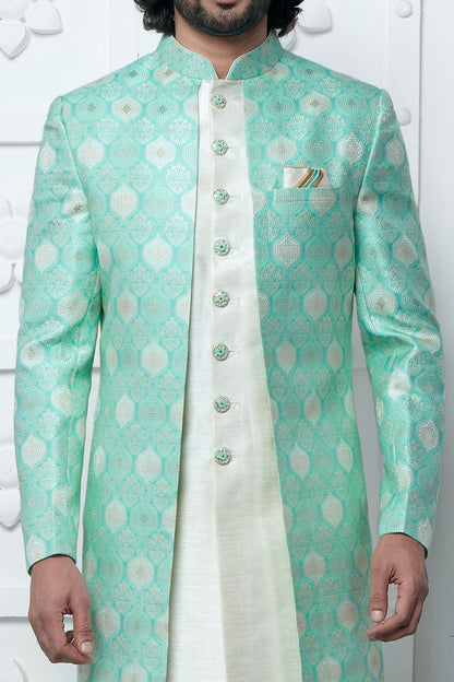 Green Jaquard Silk Indo Western (NMK-7174) - Nihal Fashions