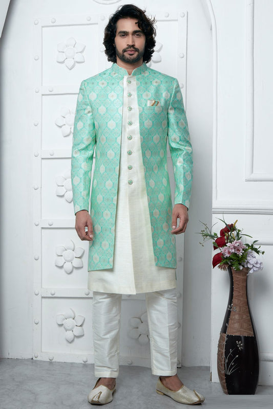 Green Jaquard Silk Indo Western (NMK-7174) - Nihal Fashions