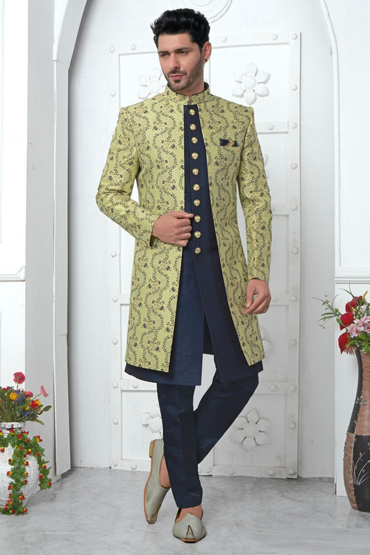 Green Jaquard Silk Mens Indo Western (NMK-7178) - Nihal Fashions