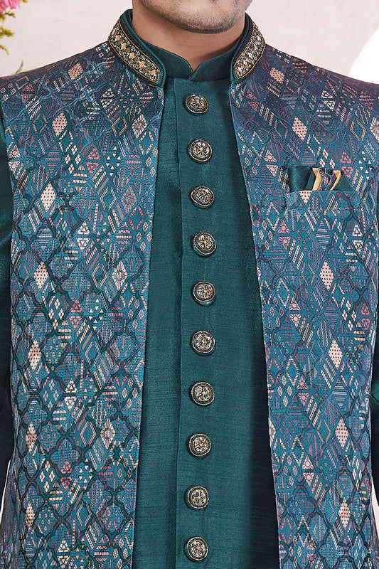 Green Silk 3 piece Jacket Set (NMK-8417) - Nihal Fashions