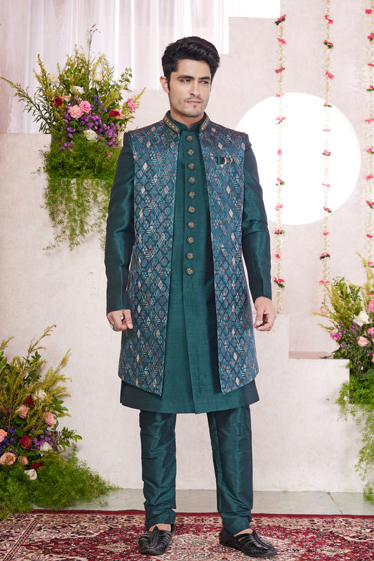 Green Silk 3 piece Jacket Set (NMK-8417) - Nihal Fashions