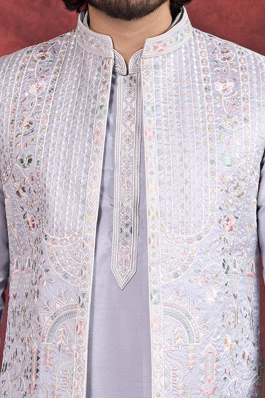 Grey Art Banarasi Silk 3 piece Long Kurta Jacket (NMK-8696) - Nihal Fashions