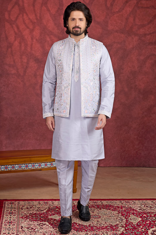 Grey Art Banarasi Silk 3 piece Long Kurta Jacket (NMK-8696) - Nihal Fashions