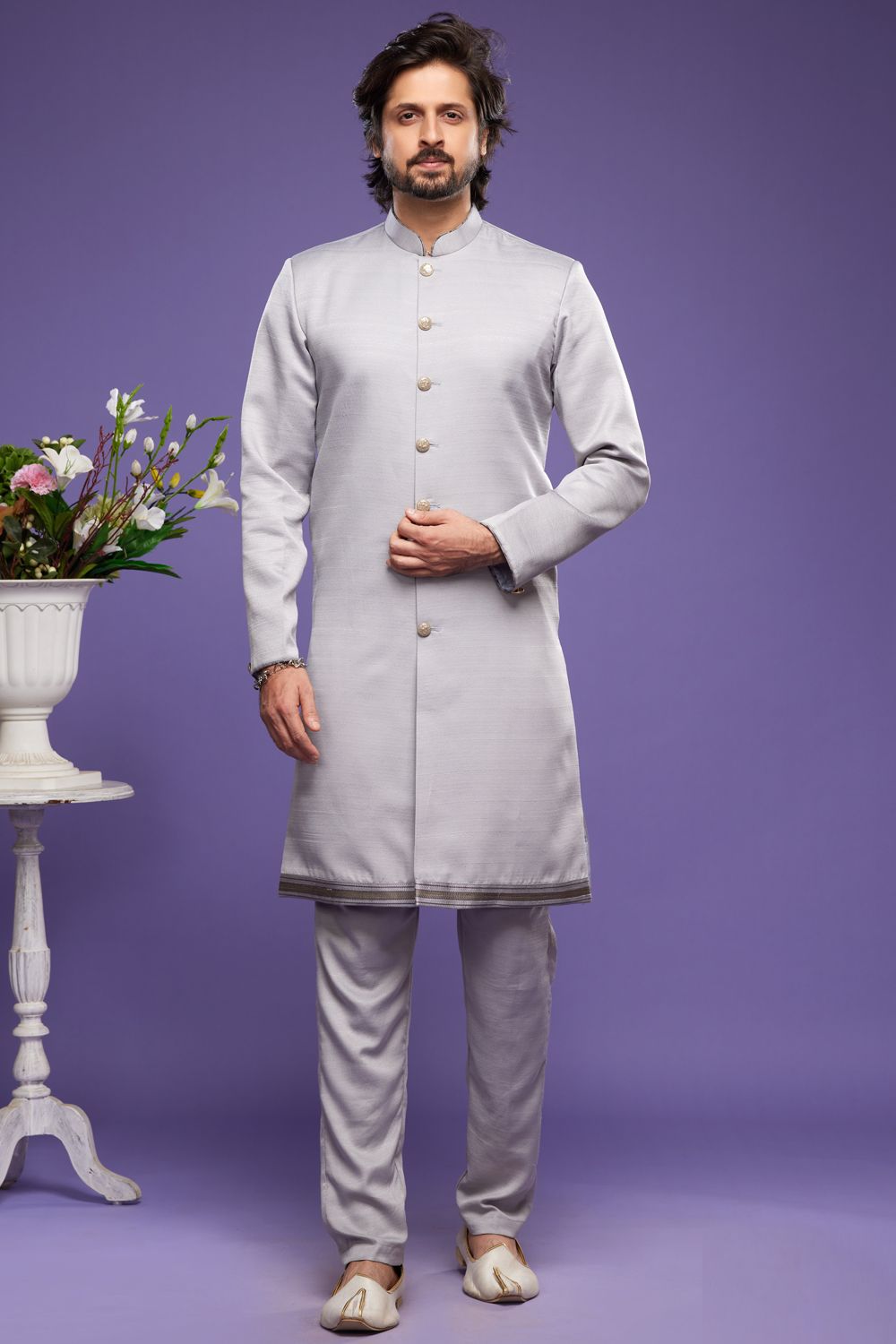 Grey Art Banarasi Silk Casual Indo Western (NMK-7063) - Nihal Fashions