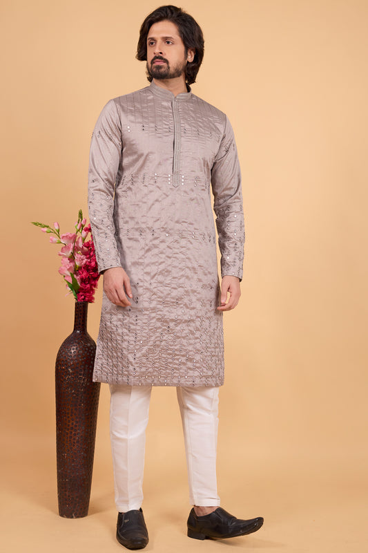 Grey Art Banarasi Silk Kurta Pajama (NMK-8704) - Nihal Fashions