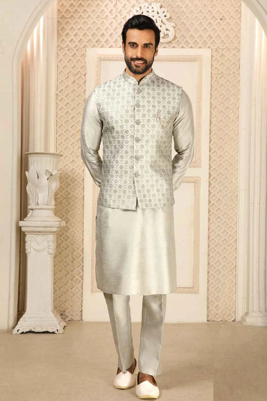 Grey Art Banarasi Silk Nehru Jacket (NMK-6291)