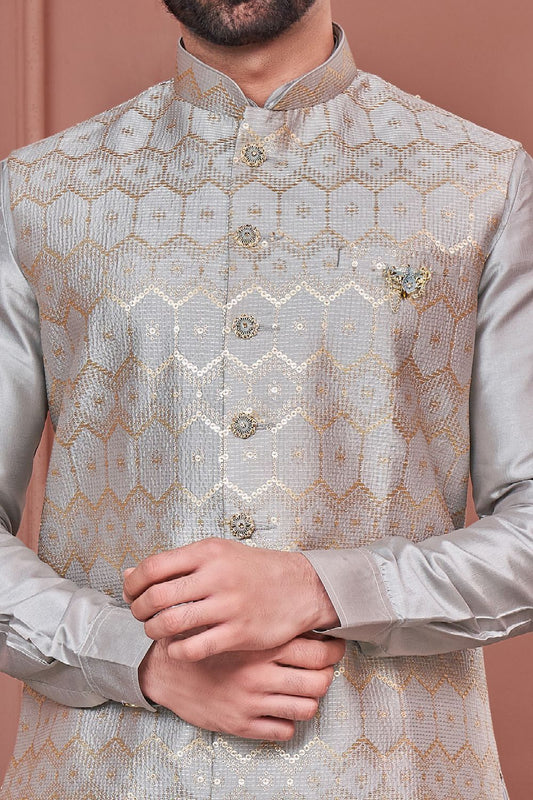 Grey Art Banarasi Silk Nehru Jacket (NMK-7400) - Nihal Fashions