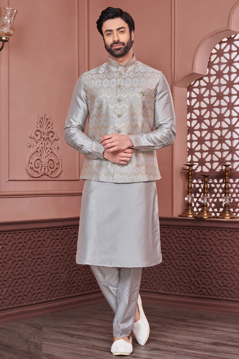 Grey Art Banarasi Silk Nehru Jacket (NMK-7400) - Nihal Fashions