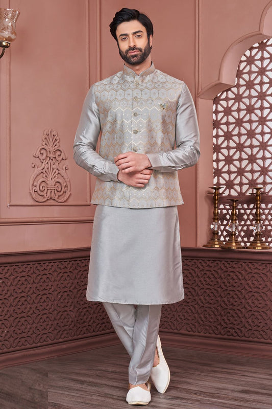 Grey Art Banarasi Silk Nehru Jacket (NMK-7400) - Nihal Fashions