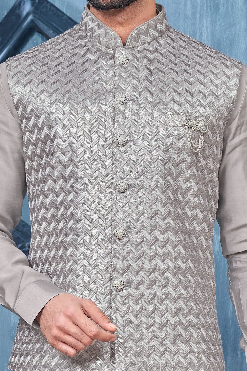 Grey Art Banarasi Silk Nehru Jacket (NMK-7441) - Nihal Fashions