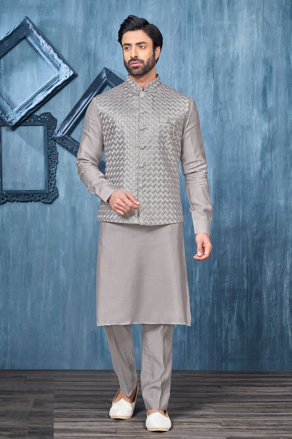 Grey Art Banarasi Silk Nehru Jacket (NMK-7441) - Nihal Fashions