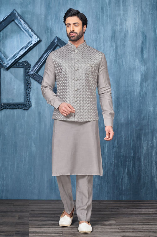 Grey Art Banarasi Silk Nehru Jacket (NMK-7441) - Nihal Fashions