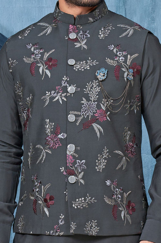 Grey Art Banarasi Silk Nehru Jacket (NMK-7450) - Nihal Fashions