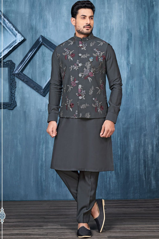 Grey Art Banarasi Silk Nehru Jacket (NMK-7450) - Nihal Fashions