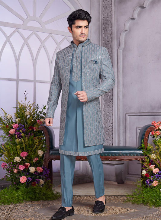Grey Art Silk 3 Pcs Jacket Set (NMK-8327) - Nihal Fashions