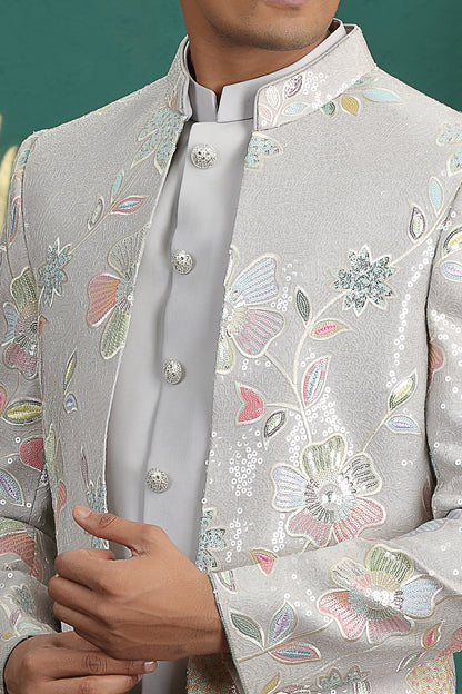 Grey Art Silk 3 piece Indo Western for Men (NMK-8644) - Nihal Fashions