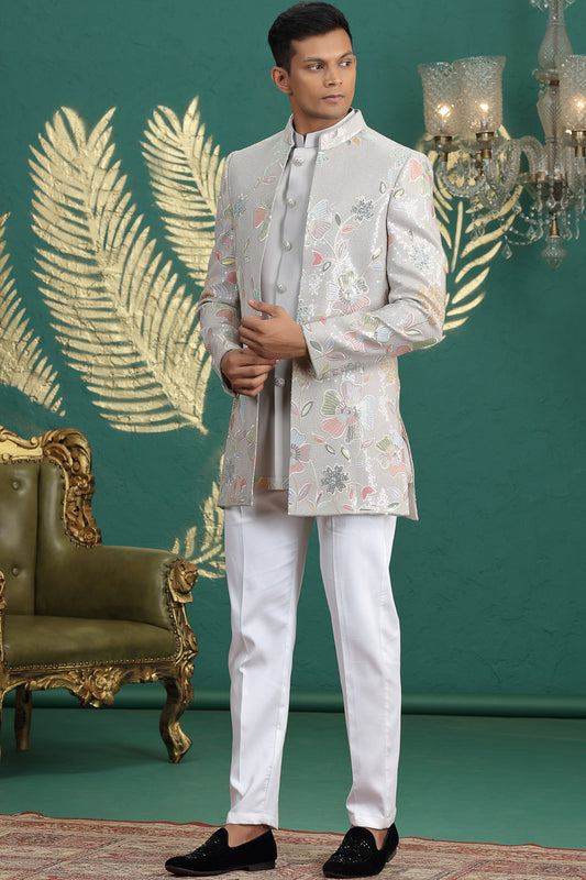 Grey Art Silk 3 piece Indo Western for Men (NMK-8644) - Nihal Fashions