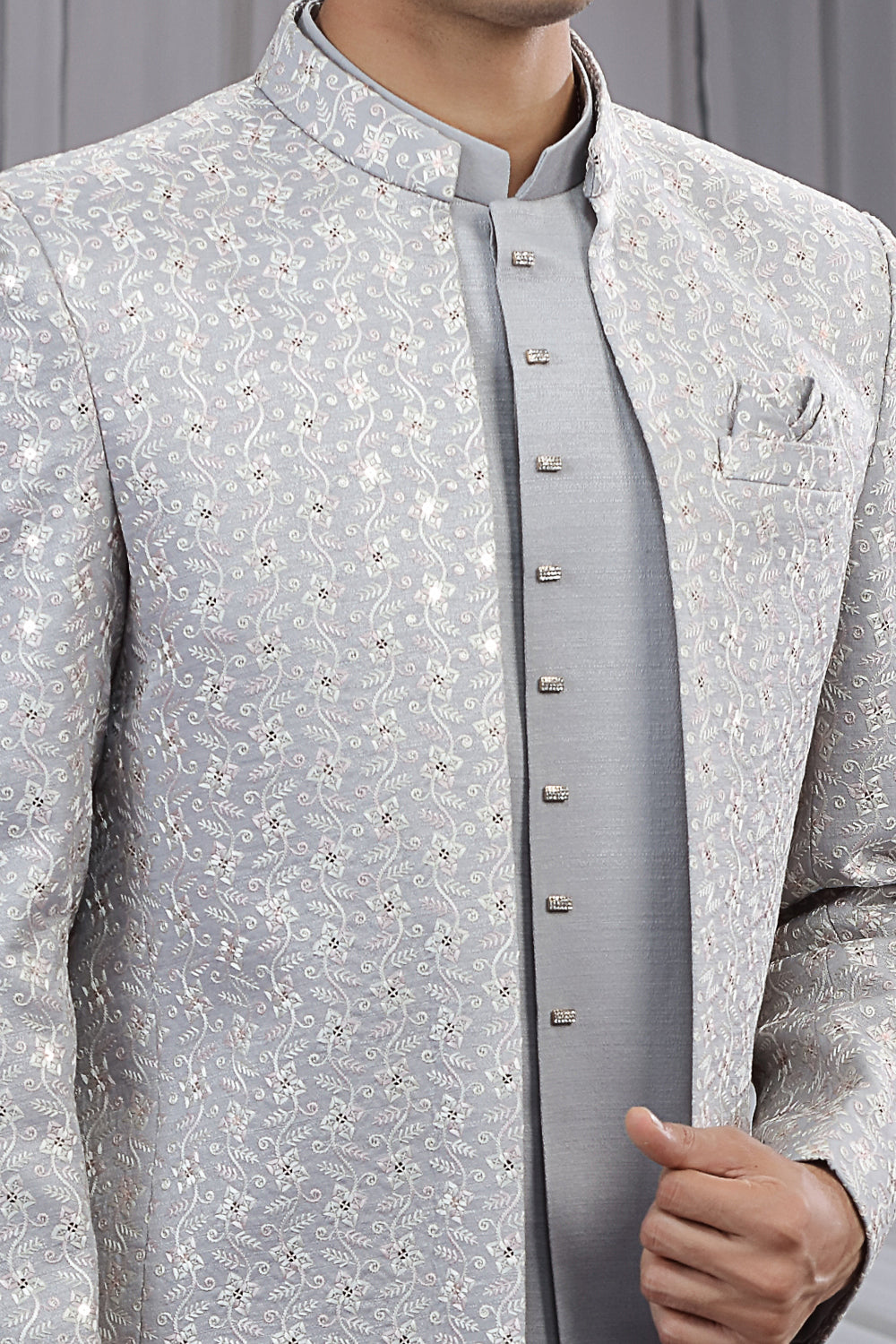 Grey Art Silk 3 piece Jacket Jodhpuri (NMK-8671) - Nihal Fashions