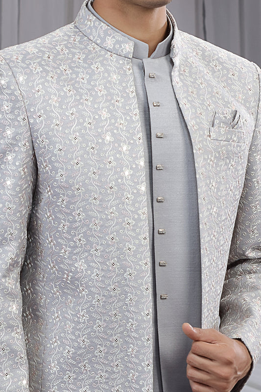 Grey Art Silk 3 piece Jacket Jodhpuri (NMK-8671) - Nihal Fashions