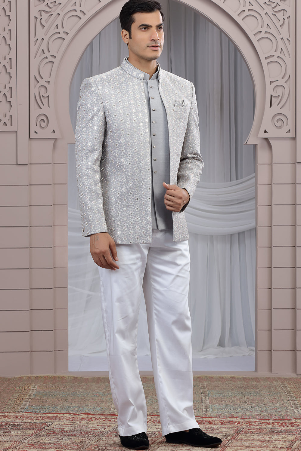 Grey Art Silk 3 piece Jacket Jodhpuri (NMK-8671) - Nihal Fashions