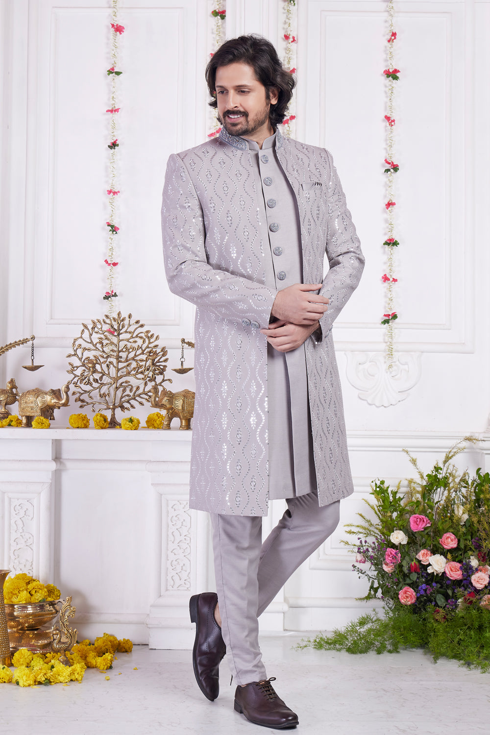 Grey Art Silk 3 piece Jacket Set (NMK-8394) - Nihal Fashions
