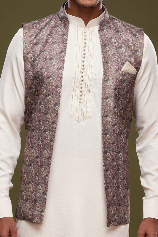Grey Art Silk Digital Printed Jacket Kurta (NMK-7098) - Nihal Fashions