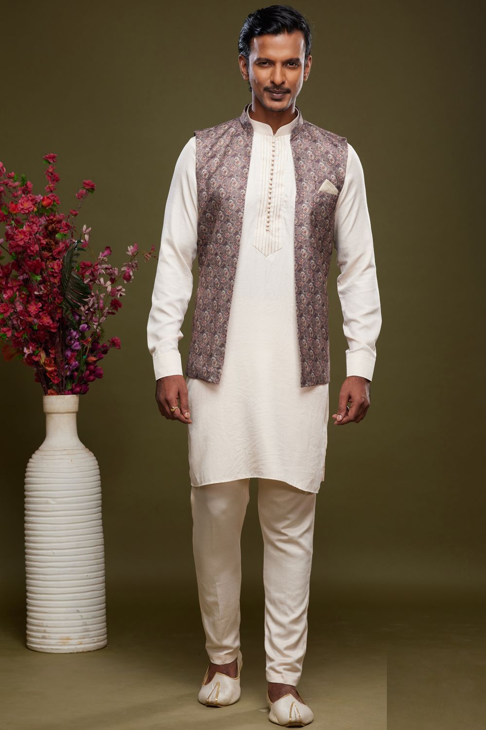 Grey Art Silk Digital Printed Jacket Kurta (NMK-7098) - Nihal Fashions