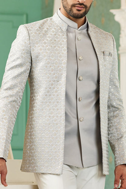 Grey Art Silk Embroidered Indo Western (NMK-7126) - Nihal Fashions