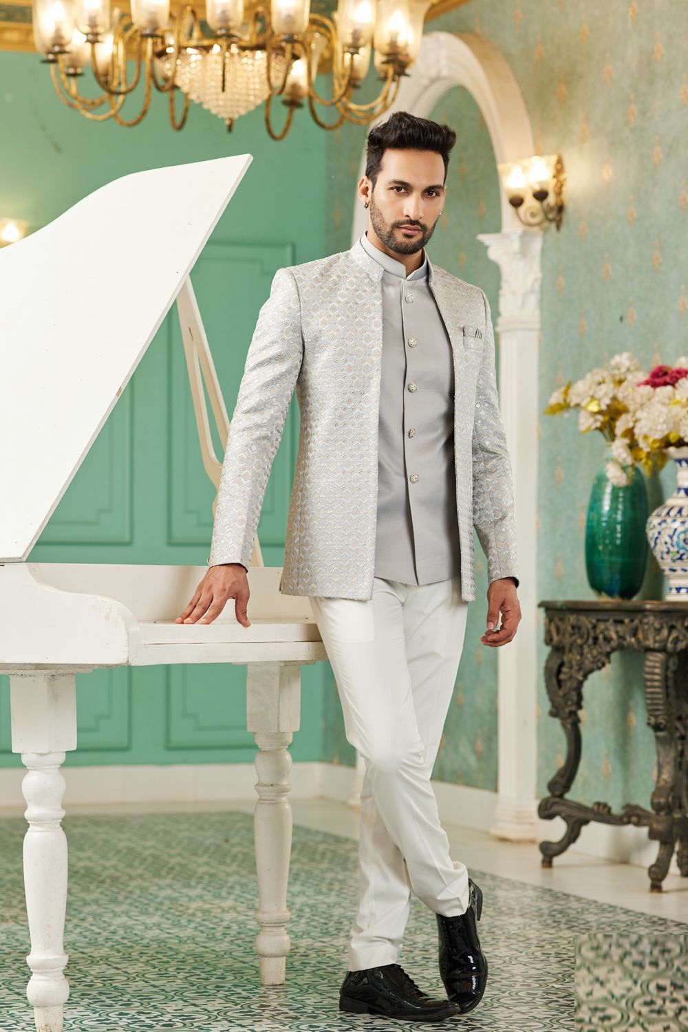Grey Art Silk Embroidered Indo Western (NMK-7126) - Nihal Fashions