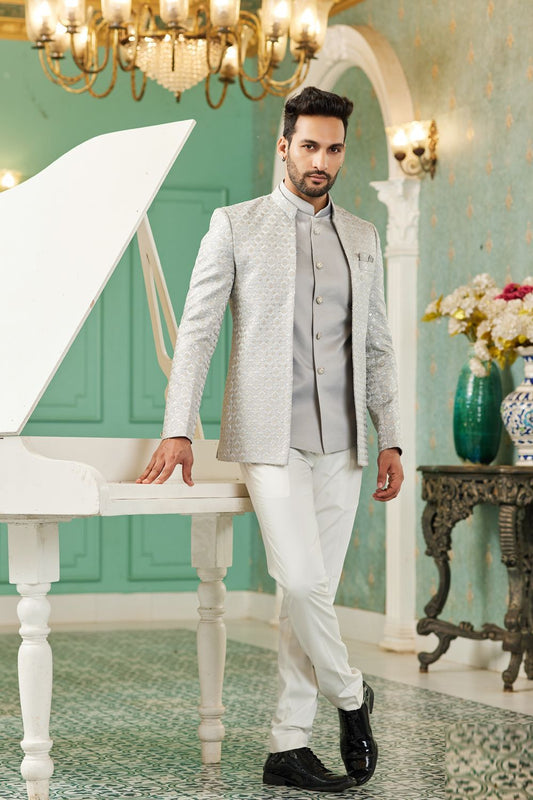 Grey Art Silk Embroidered Indo Western (NMK-7126) - Nihal Fashions