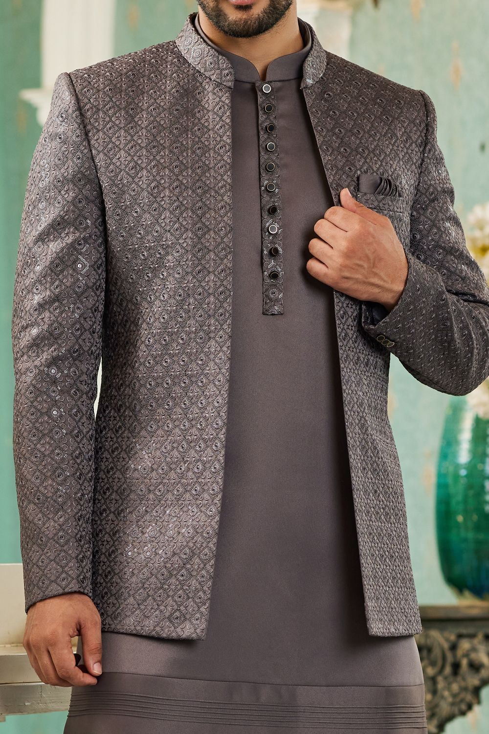 Grey Art Silk Embroidered Indo Western (NMK-7132) - Nihal Fashions