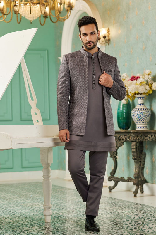Grey Art Silk Embroidered Indo Western (NMK-7132) - Nihal Fashions