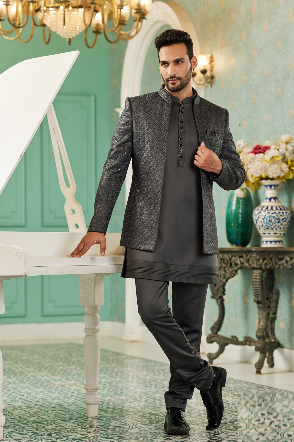Grey Art Silk Embroidered Indo Western (NMK-7133) - Nihal Fashions