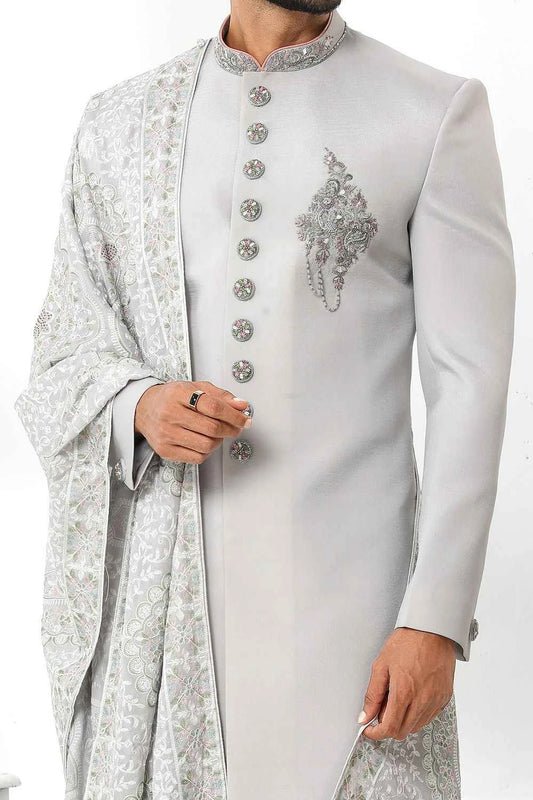Grey Art Silk Indian Sherwani (NMK-6257)
