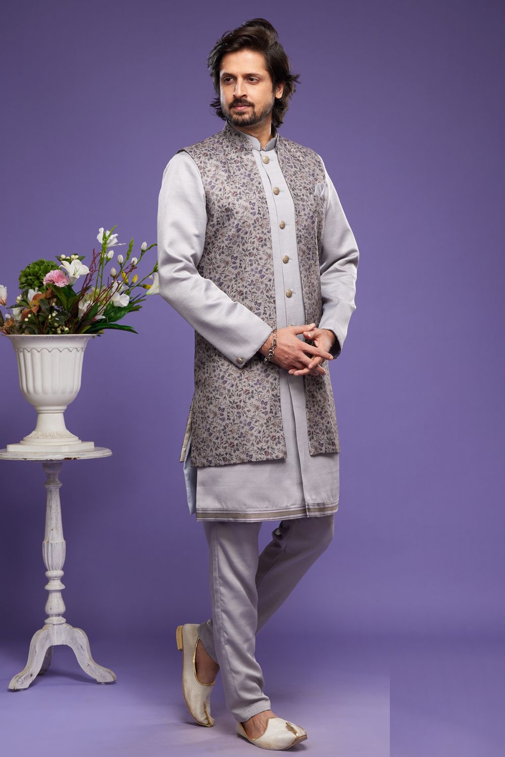 Grey Art Silk Indo Western with Long Jacket (NMK-7080) - Nihal Fashions