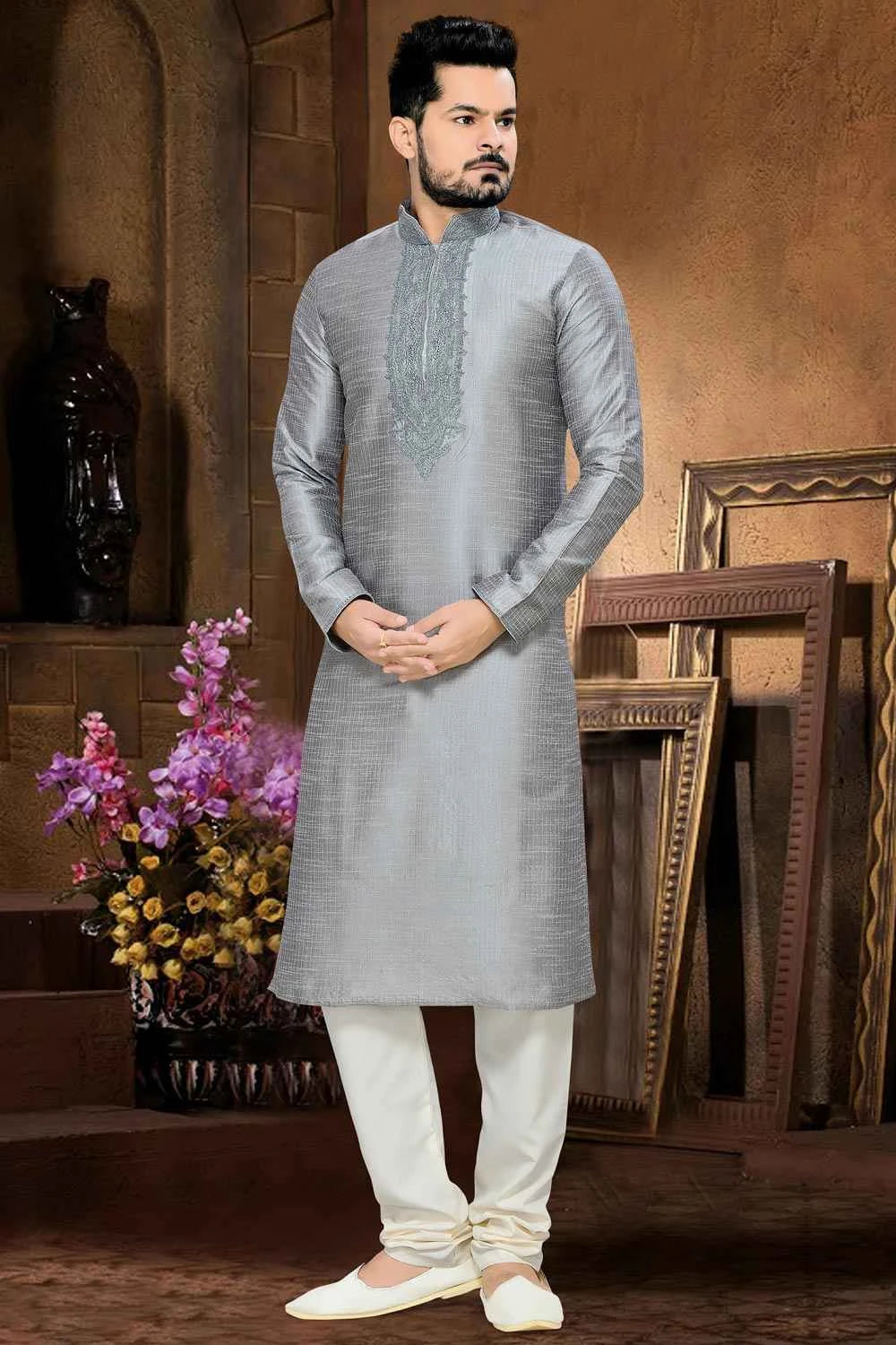 Grey Art Silk Kurta Pajama (NMK-2641)