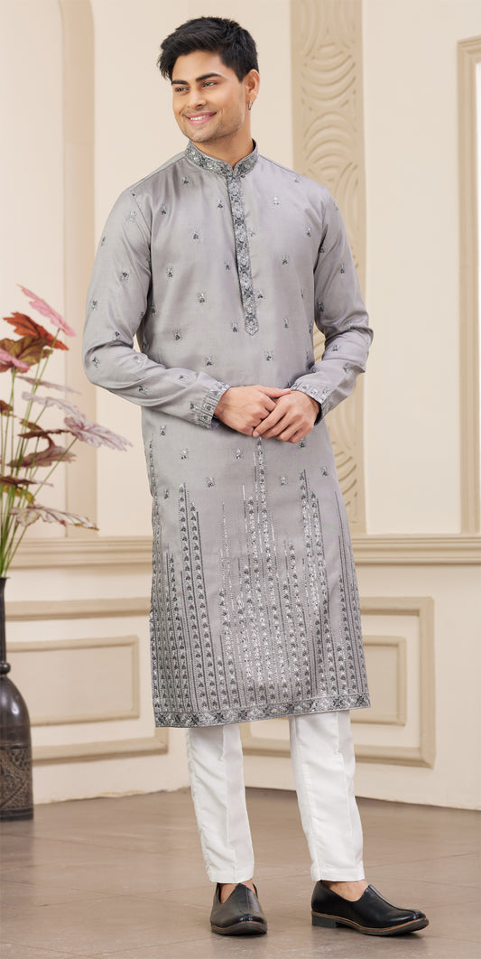 Grey Art Silk Kurta Pajama (NMK-8386) - Nihal Fashions
