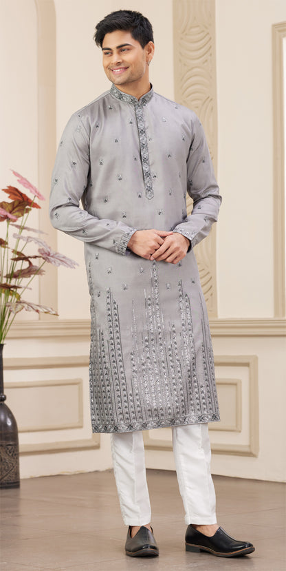 Grey Art Silk Kurta Pajama (NMK-8386) - Nihal Fashions
