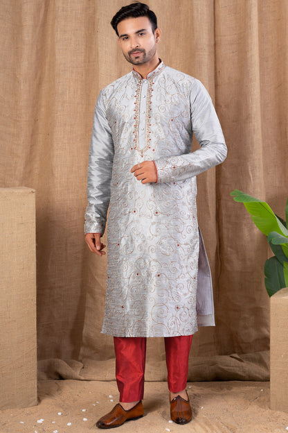 Grey Art Silk Kurta Pajama (NMK-8507) - Nihal Fashions