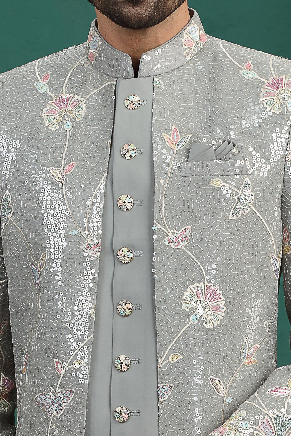 Grey Art Silk Mens 3 piece Indo Western (NMK-8646) - Nihal Fashions