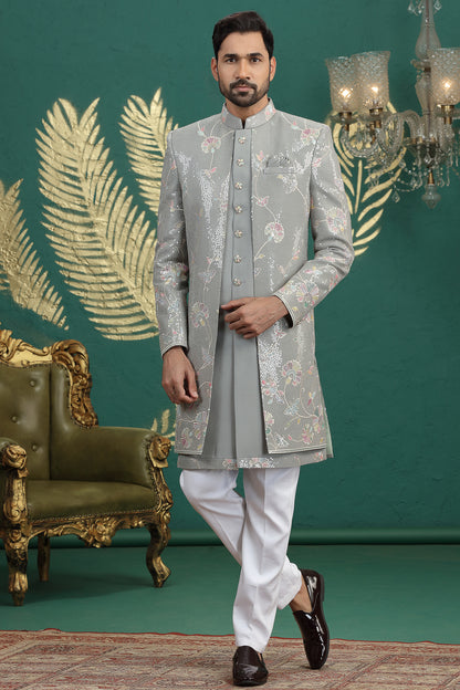 Grey Art Silk Mens 3 piece Indo Western (NMK-8646) - Nihal Fashions
